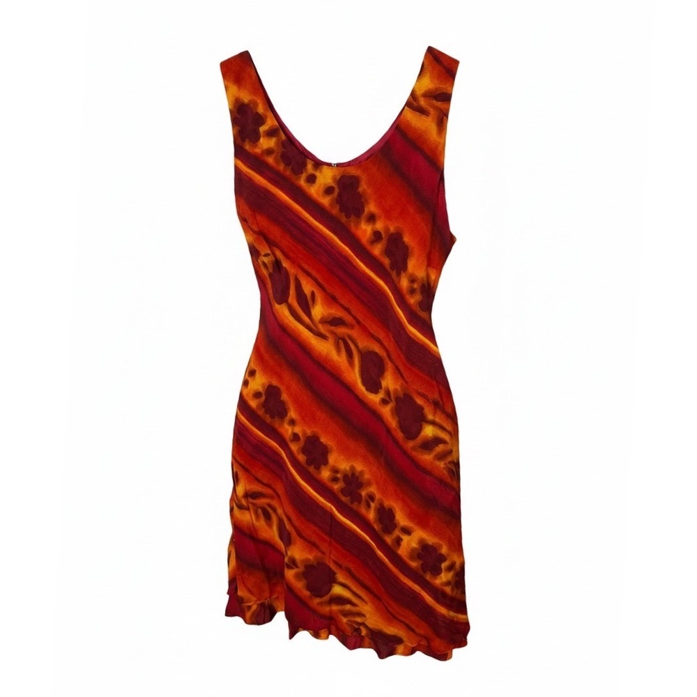 SL Fashions Vintage Red Orange Floral Striped Rayon Shift Dress Womens M